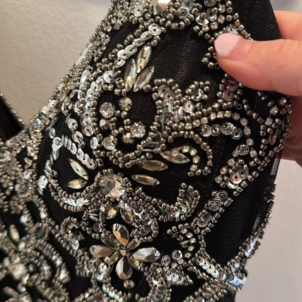 Jovani Black and Silver Embellished Sequin and Beaded Cocktail Dress 6